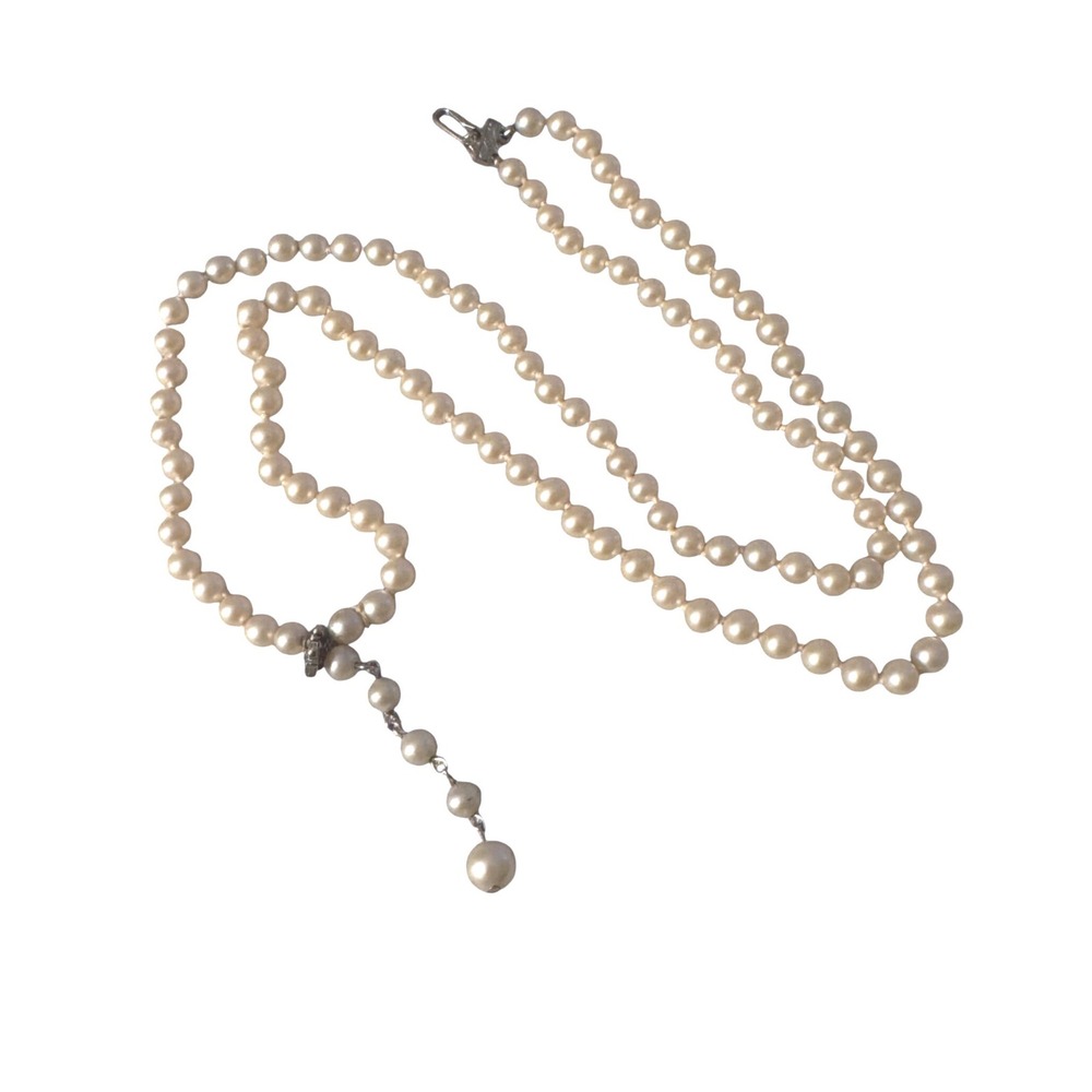 Vintage Faux Pearl Lariat Necklace Cream Knotted Long Y-Necklace Opera Length